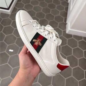 Gucci White Leather Sneakers with Red & Green Stripe and Bee Embroidery